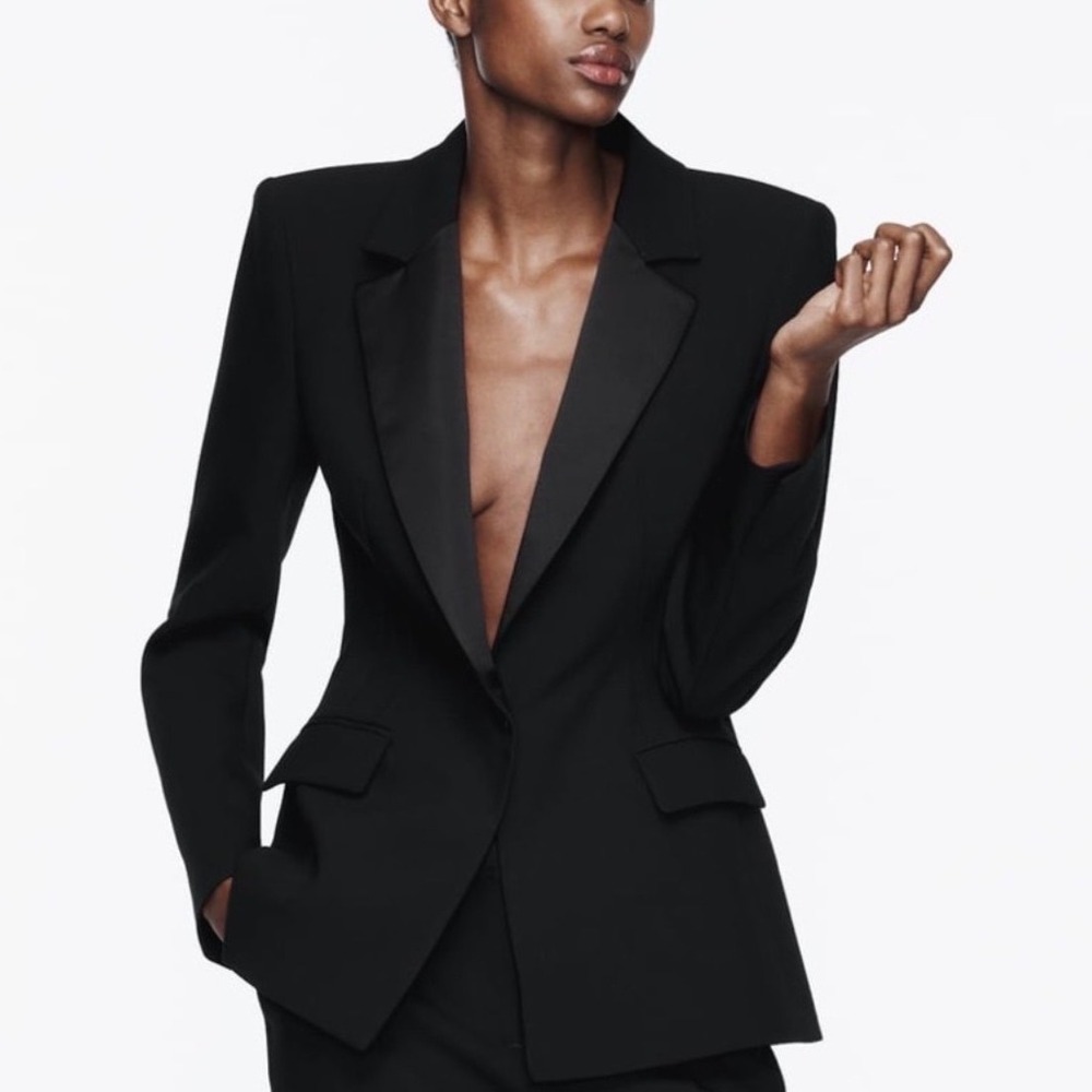 Zara Womens Black Bloggers Fave Satin Effect Tuxedo Blazer Wool Blend Jacket S